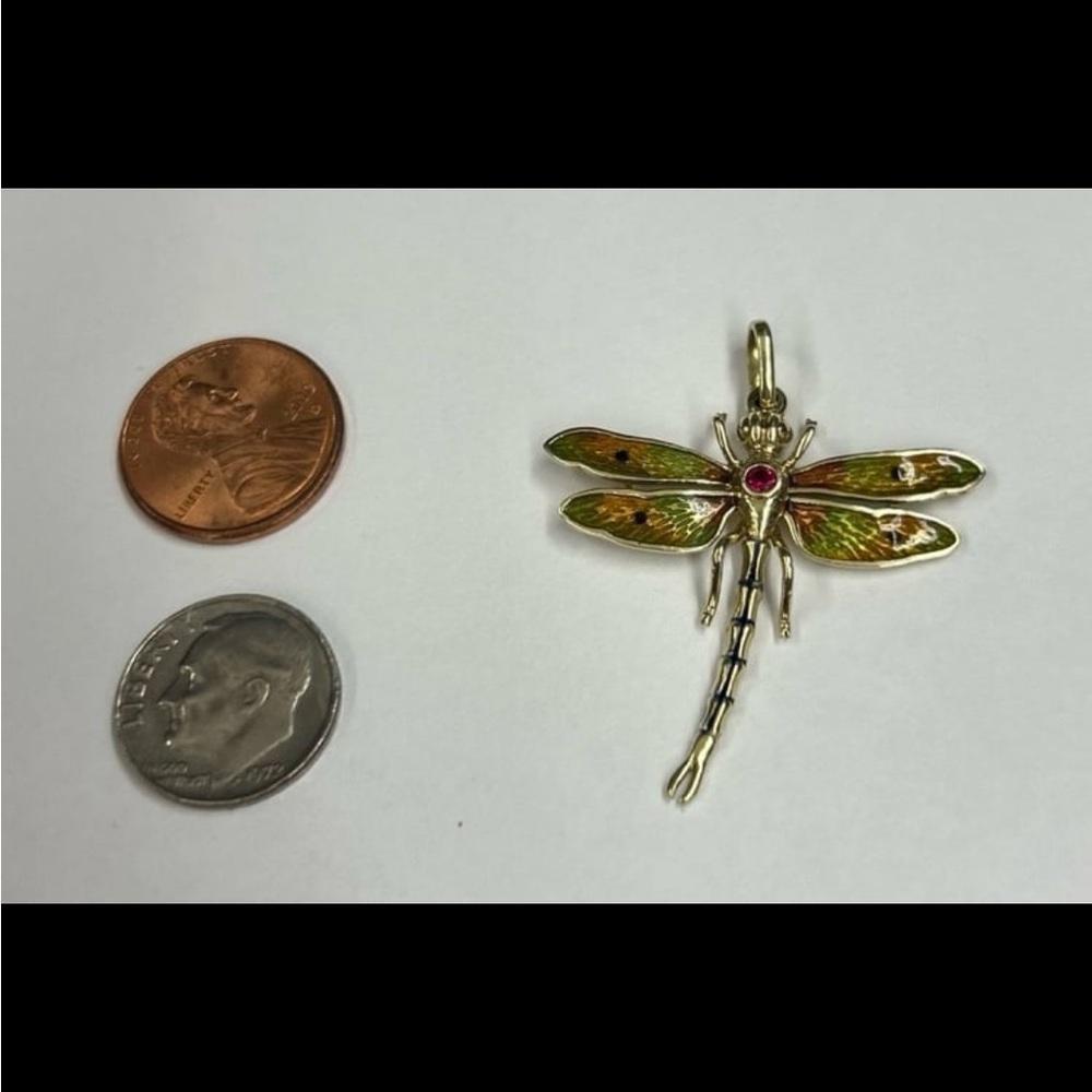 14k Solid Yellow Gold Enameled With Ruby Dragonfl… - image 5